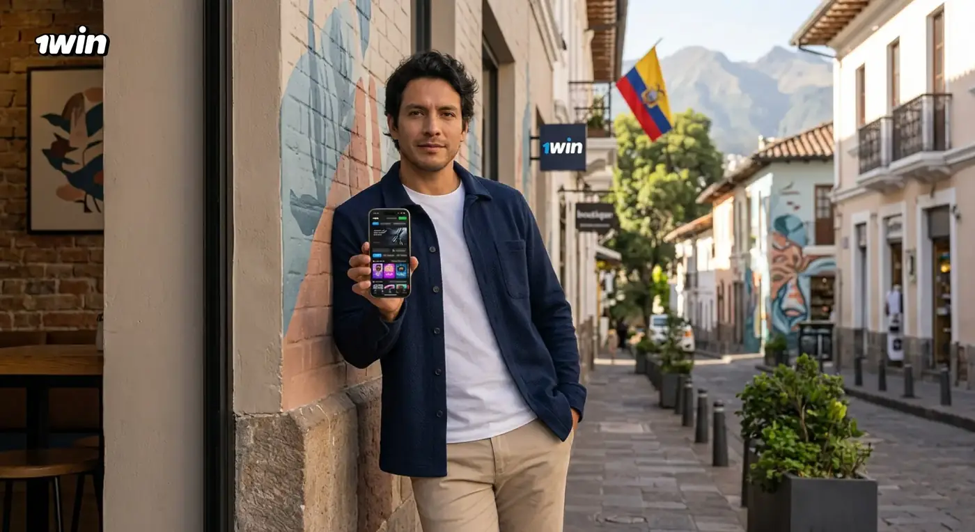 Joven en una calle colonial de Ecuador que muestra la app de 1win en su celular, con la bandera ecuatoriana al fondo