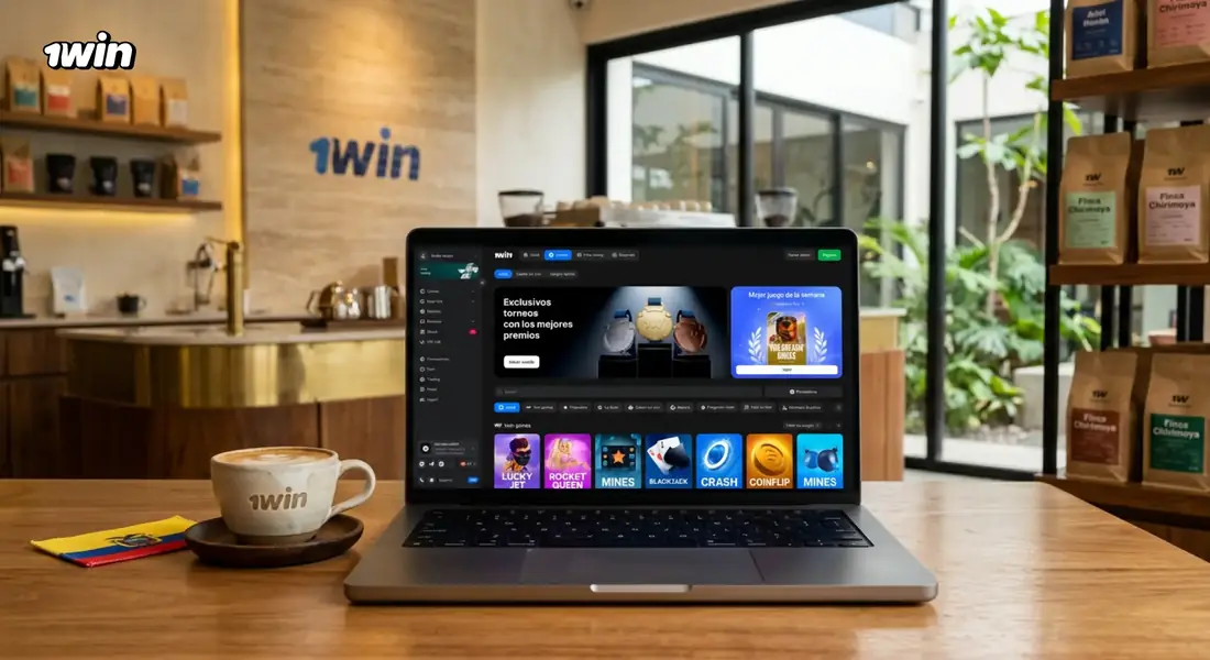 Laptop con el casino de 1win abierta en una cafetería, junto a una taza de café y la bandera de Ecuador