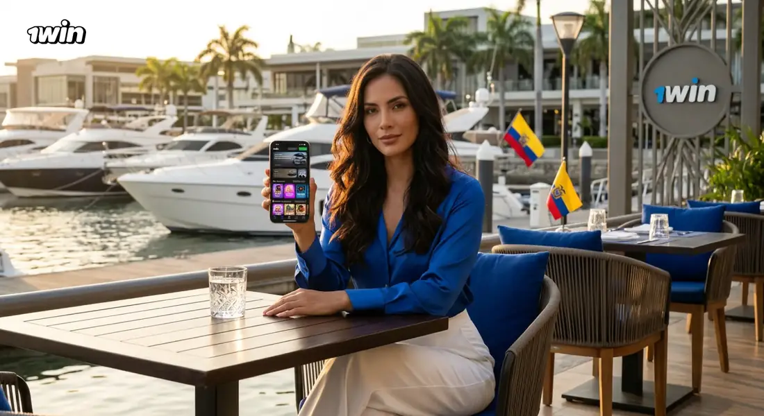 Mujer en una terraza frente a un puerto deportivo mostrando la app de 1win en su celular, con banderas de Ecuador