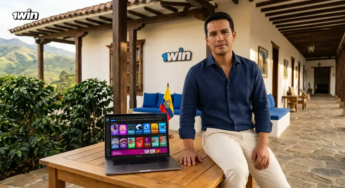 Hombre sentado en el patio de una hacienda ecuatoriana junto a una laptop con el lobby de juegos de 1win